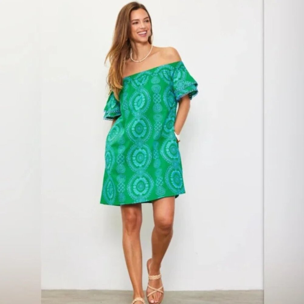NWT Skies Are Blue Eyelet Blue and Green Off the Shoulder Dress